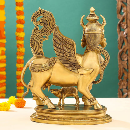 Brass Superfine Kamdhenu Cow With Calf Idol (17 Inch)