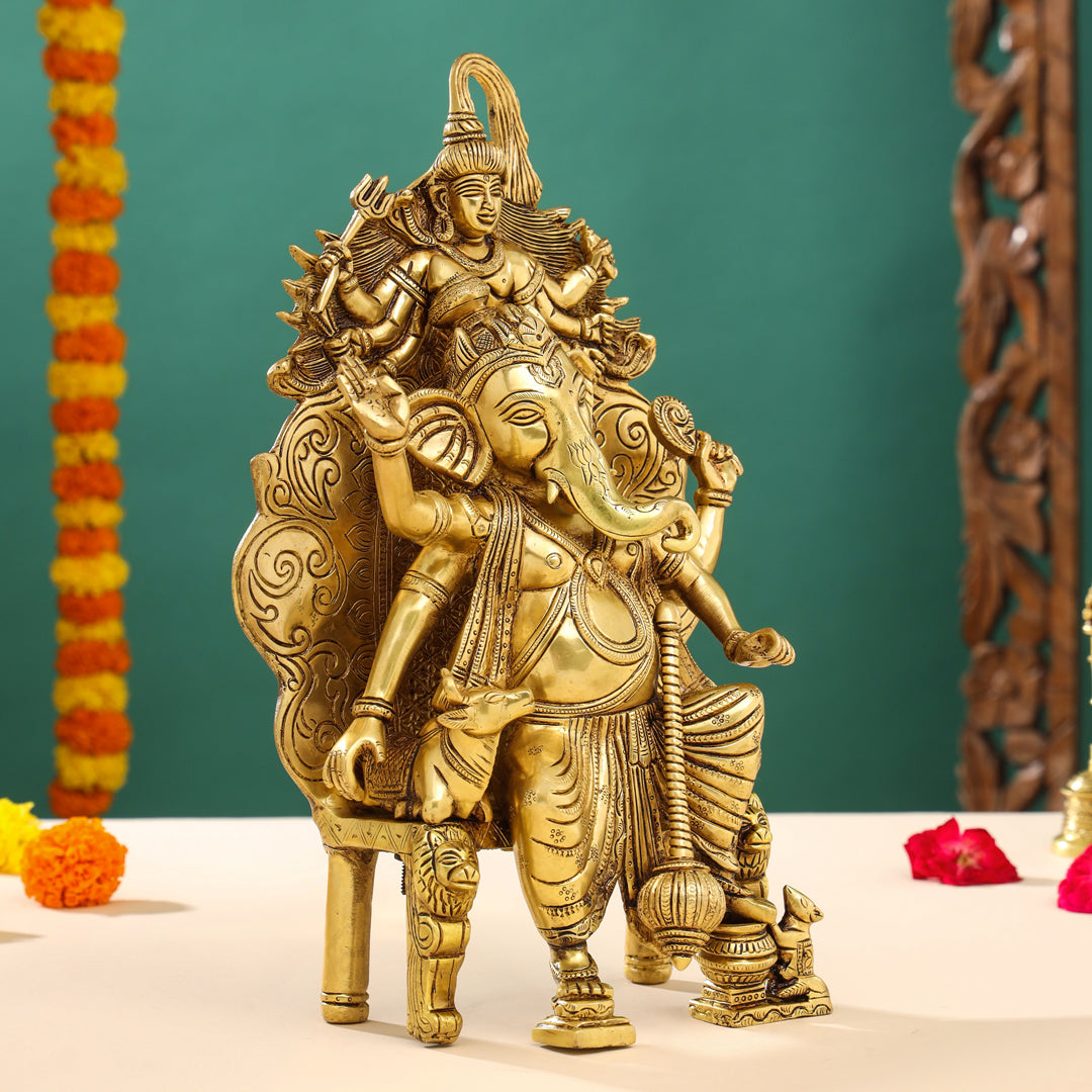 Brass Ganesha On Throne (Singhasan) Idol (16 Inch)