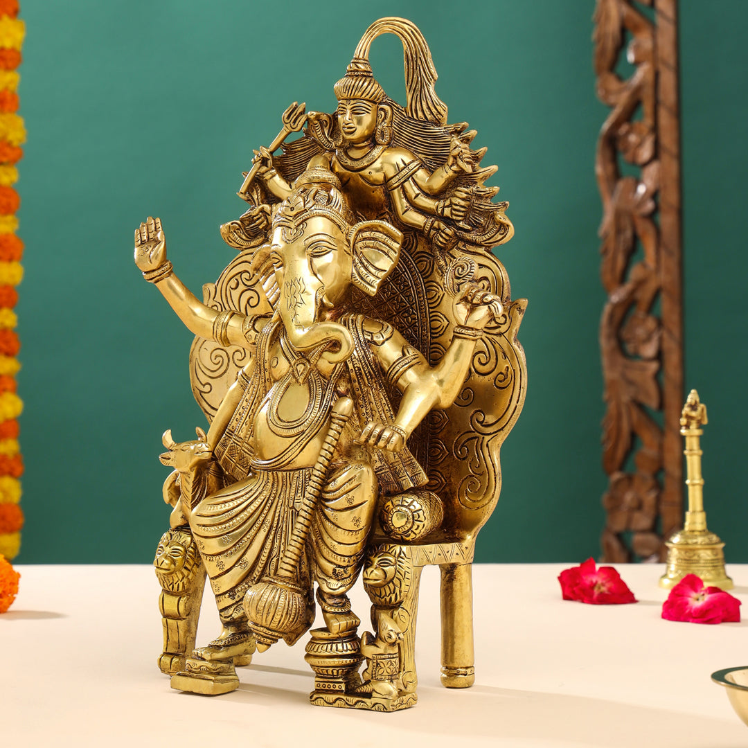 Brass Ganesha On Throne (Singhasan) Idol (16 Inch)