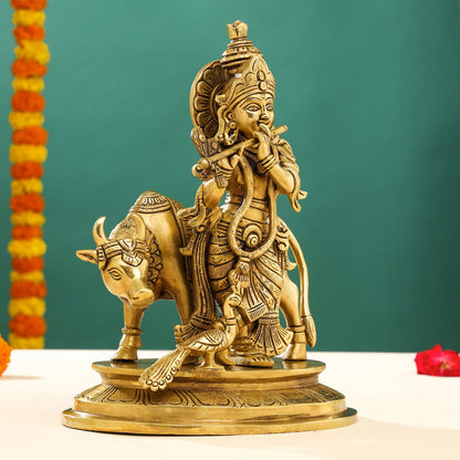 Brass Superfine Lord Krishna With Cow Idol (13 Inch)