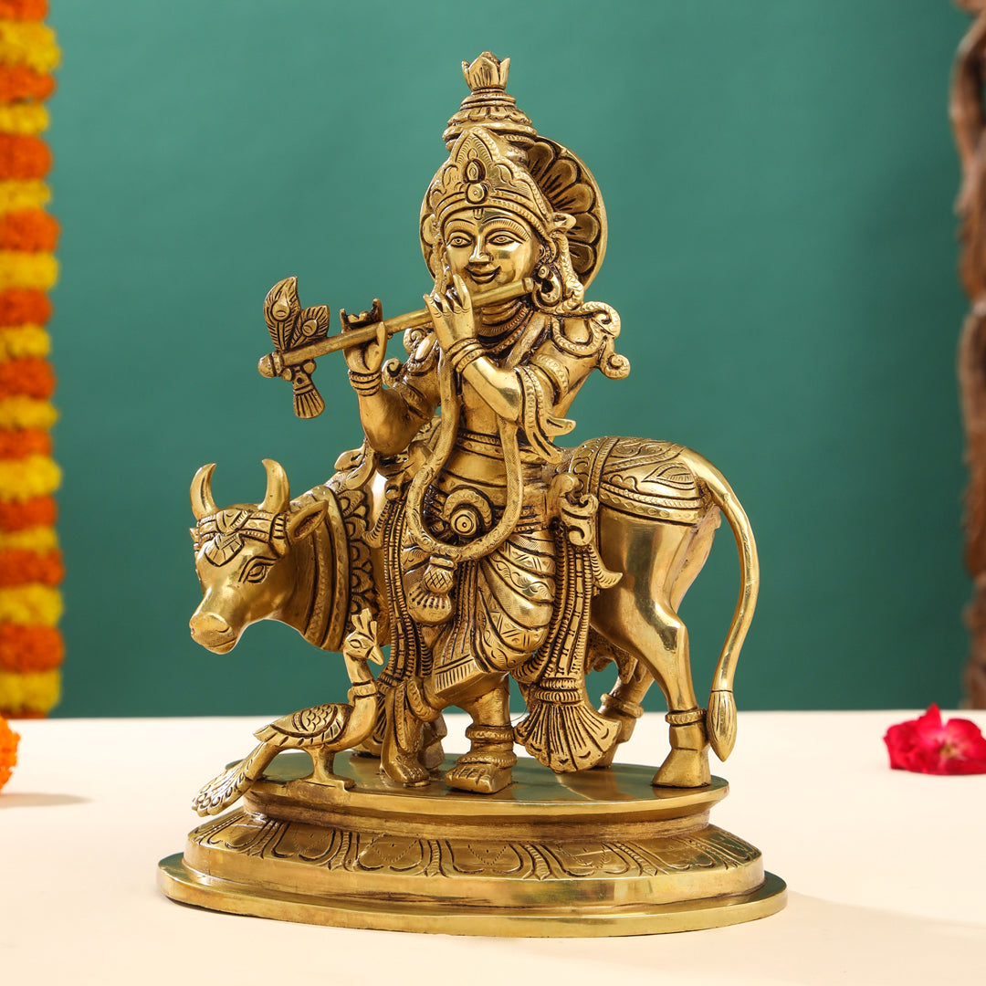 Brass Superfine Lord Krishna With Cow Idol (13 Inch)