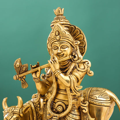 Brass Superfine Lord Krishna With Cow Idol (13 Inch)