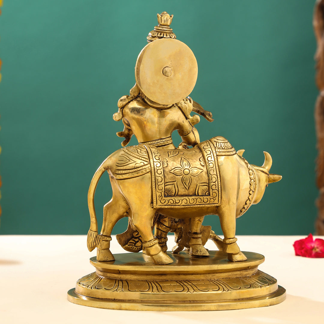 Brass Superfine Lord Krishna With Cow Idol (13 Inch)