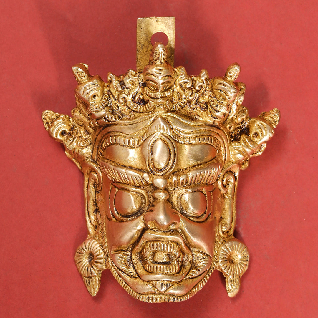 Brass Tibetan Buddhist Mahakala Mask Wall Hanging (5 Inch)