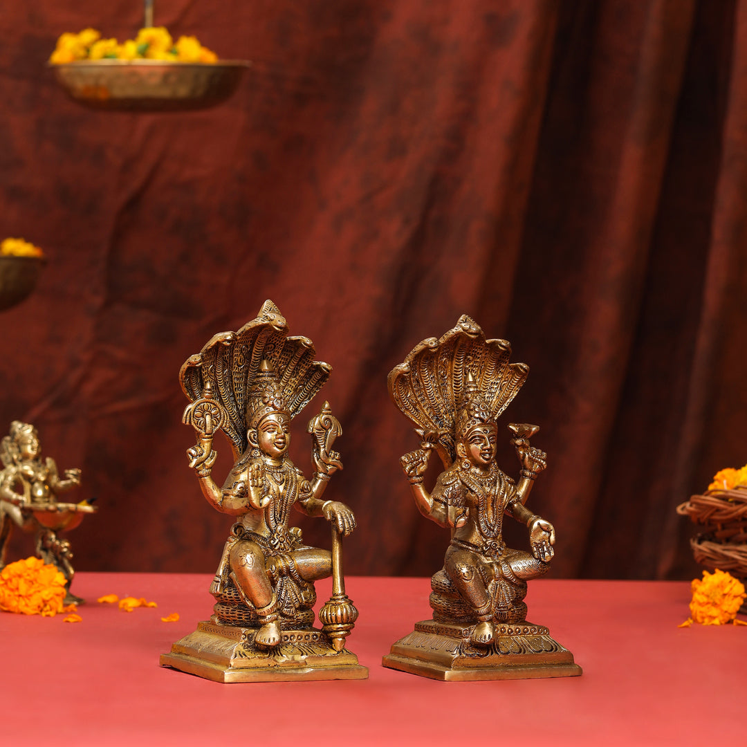 Brass Sitting Vishnu Lakshmi Set (8.5 Inch)