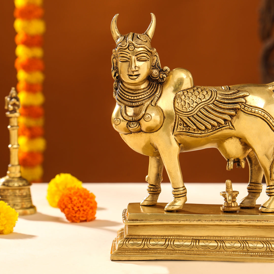 Brass Superfine Kamdhenu Cow Idol (9.5 Inch)
