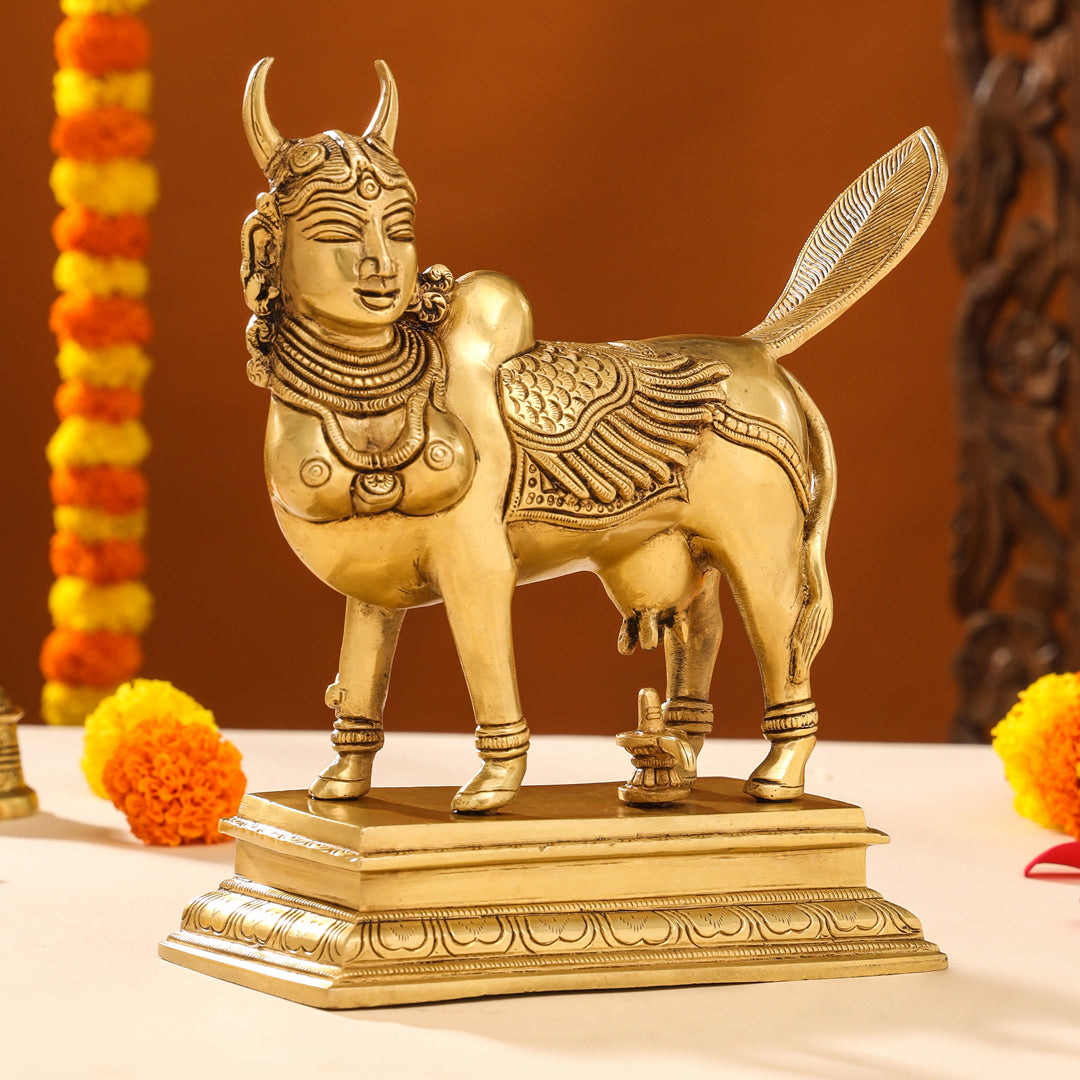 Brass Superfine Kamdhenu Cow Idol (9.5 Inch)