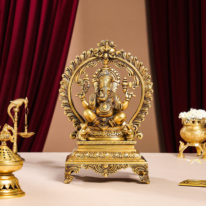 Brass Superfine Ganesha On Throne Idol (14 Inch)