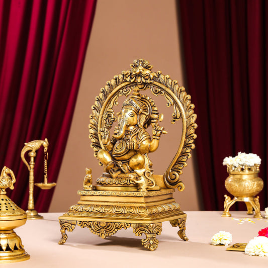 Brass Superfine Ganesha On Throne Idol (14 Inch)