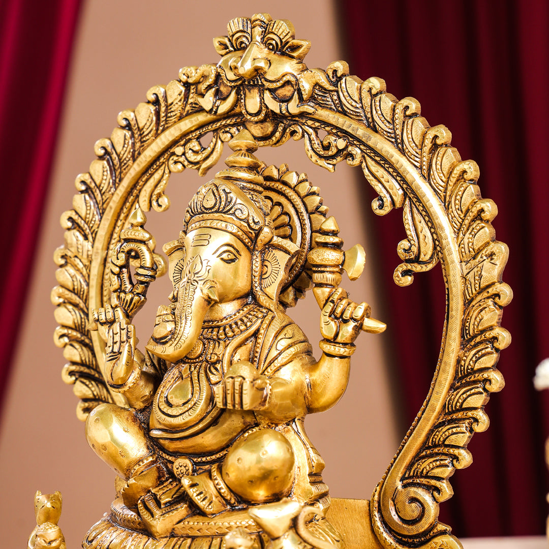 Brass Superfine Ganesha On Throne Idol (14 Inch)