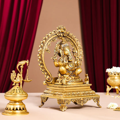 Brass Superfine Ganesha On Throne Idol (14 Inch)