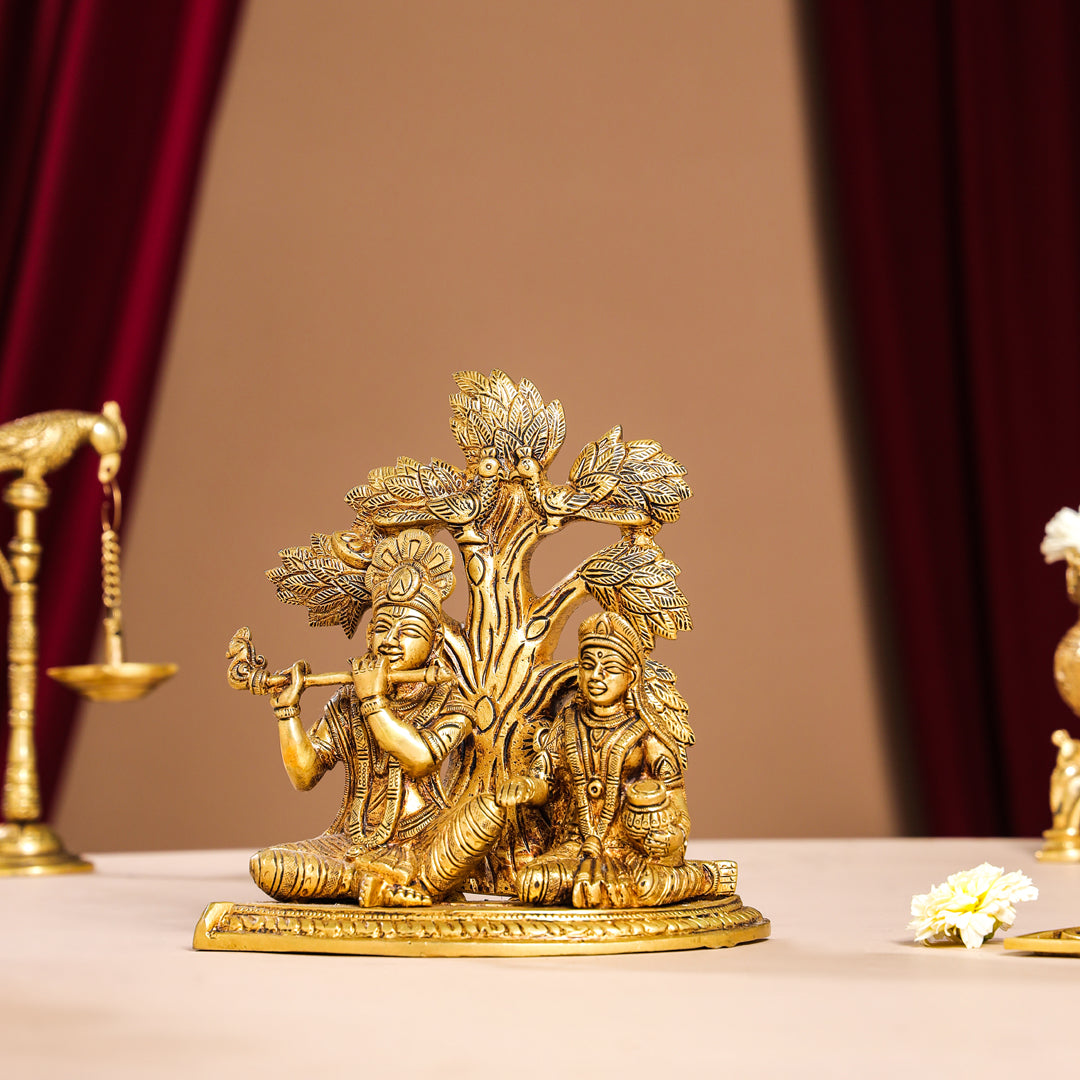Brass Radha Krishna Idols Under Tree (7 Inch)