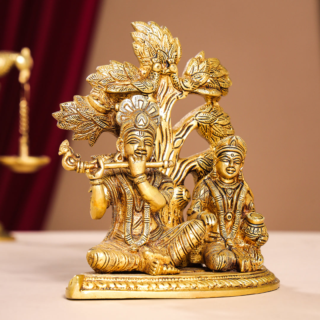 Brass Radha Krishna Idols Under Tree (7 Inch)