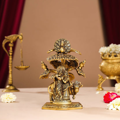 Brass Superfine Radha Krishna With Cow Idol Under Tree (7 Inch)