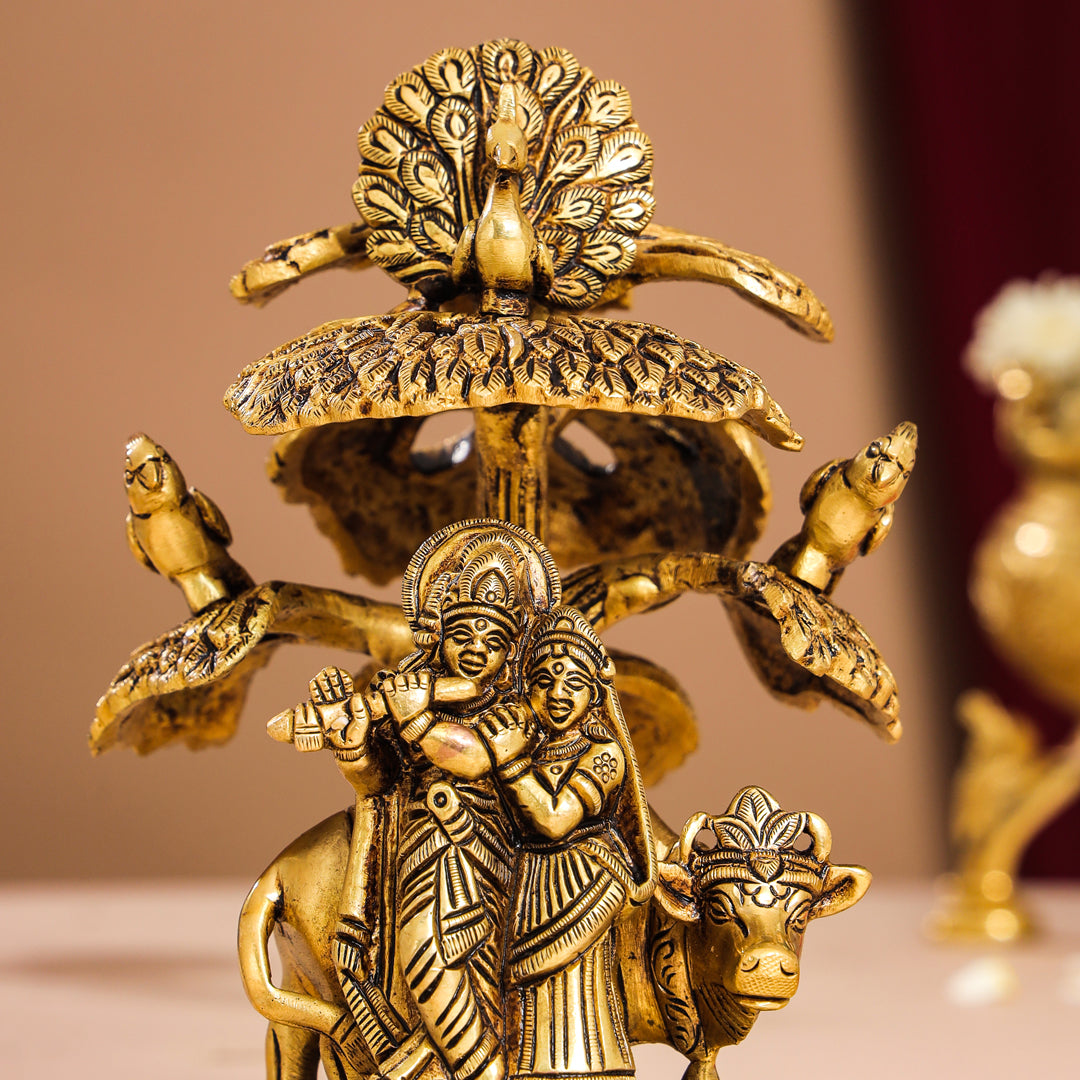 Brass Superfine Radha Krishna With Cow Idol Under Tree (7 Inch)