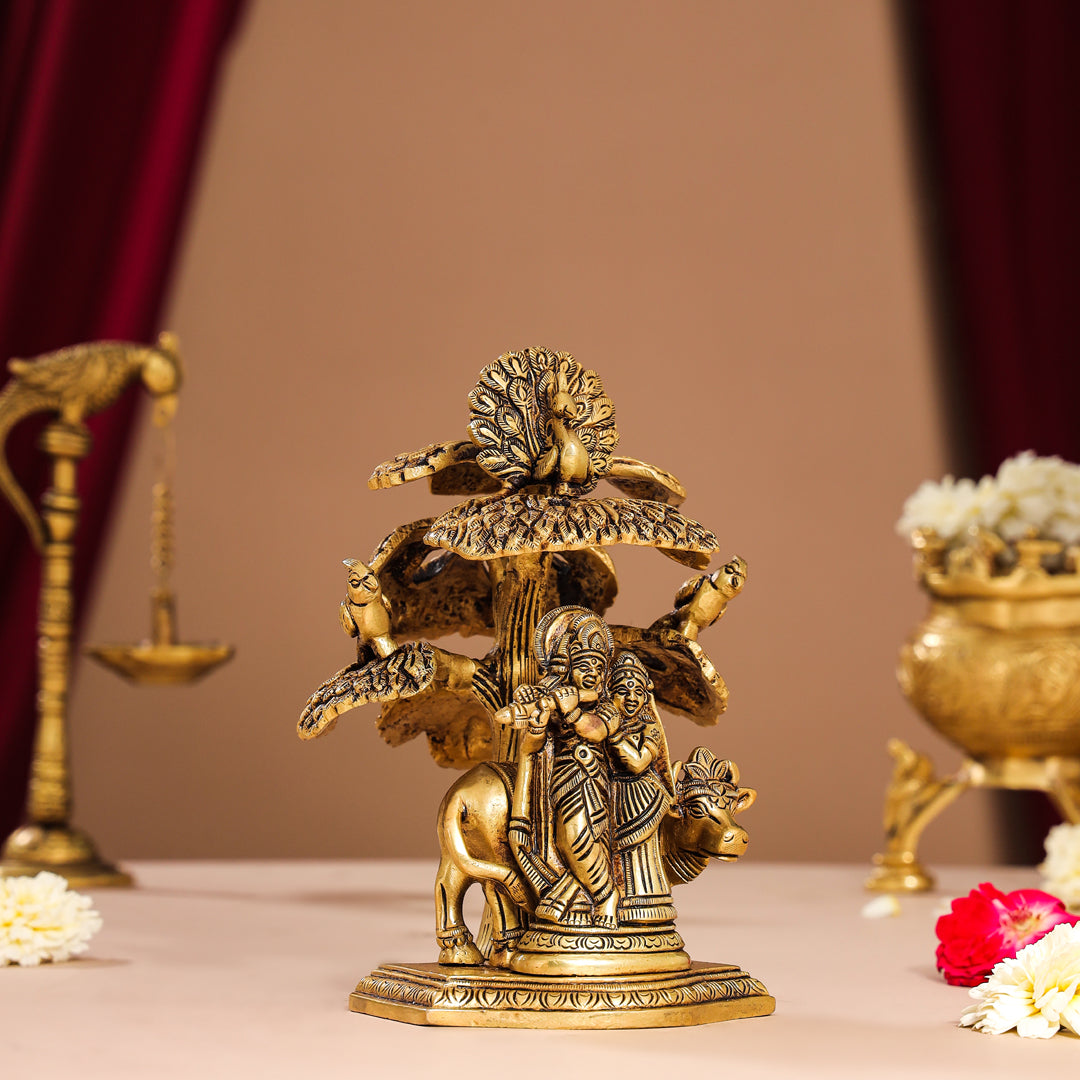 Brass Superfine Radha Krishna With Cow Idol Under Tree (7 Inch)