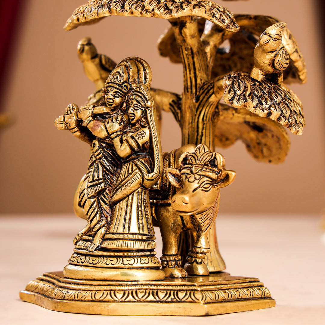 Brass Superfine Radha Krishna With Cow Idol Under Tree (7 Inch)