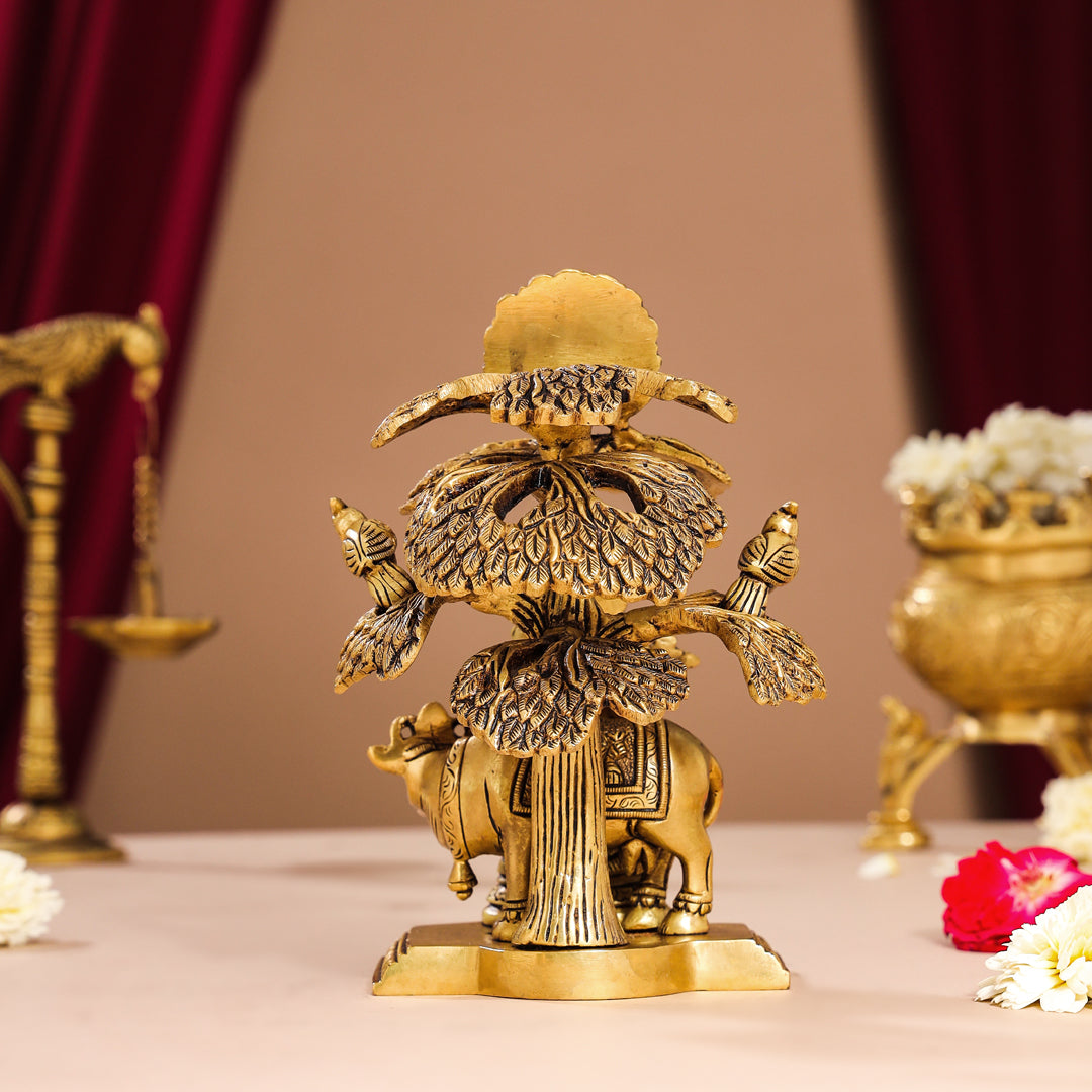 Brass Superfine Radha Krishna With Cow Idol Under Tree (7 Inch)