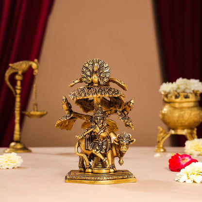 Brass Superfine Krishna With Cow Idol Under Tree (7 Inch)