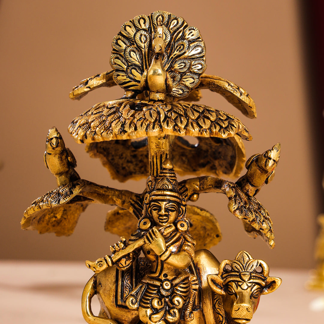 Brass Superfine Krishna With Cow Idol Under Tree (7 Inch)