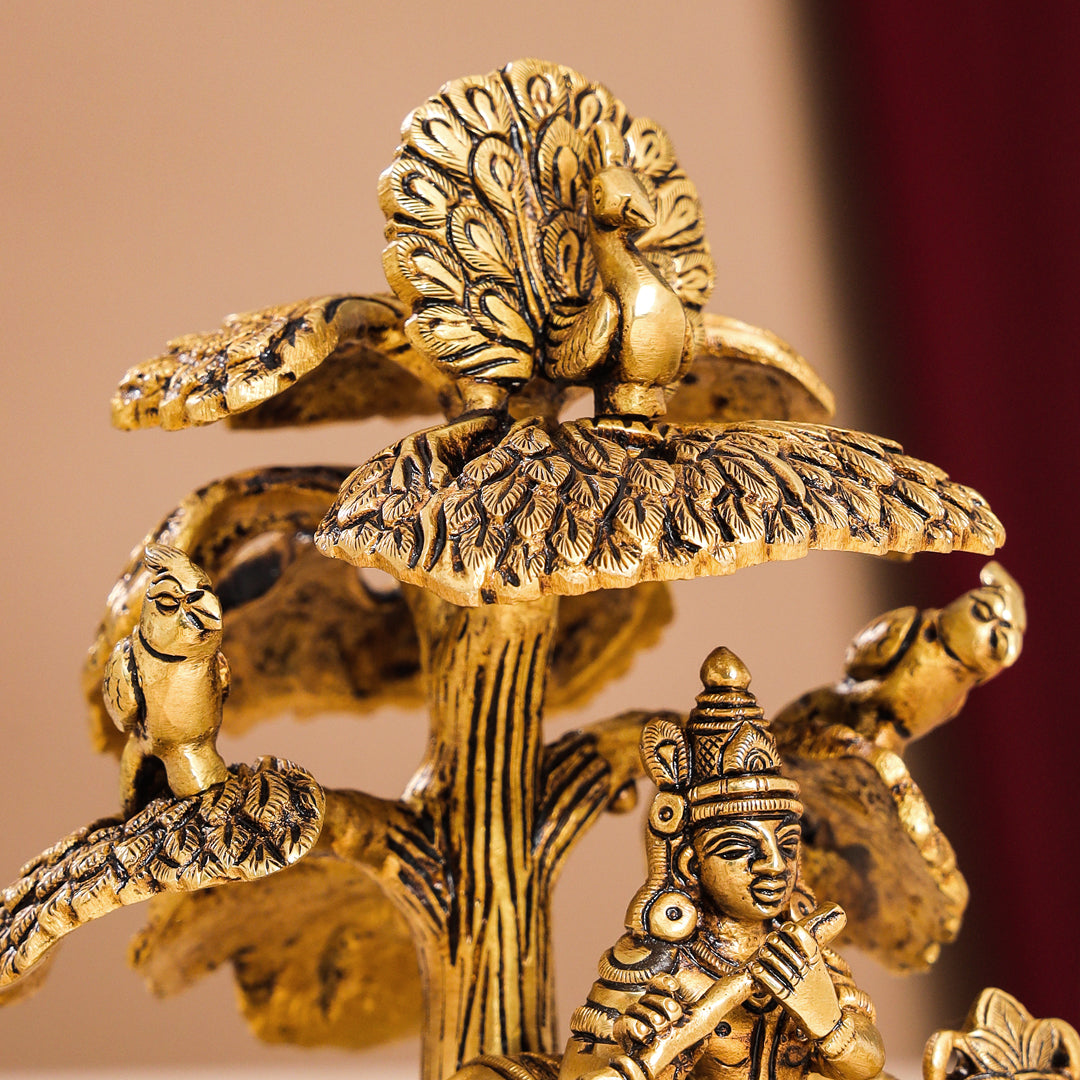 Brass Superfine Krishna With Cow Idol Under Tree (7 Inch)