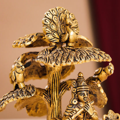 Brass Superfine Krishna With Cow Idol Under Tree (7 Inch)