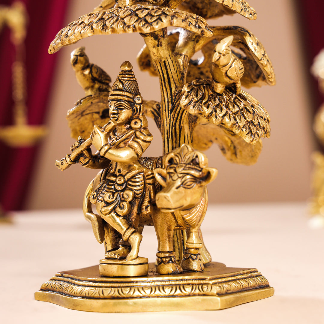 Brass Superfine Krishna With Cow Idol Under Tree (7 Inch)