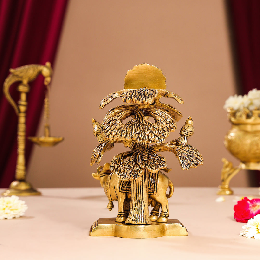Brass Superfine Krishna With Cow Idol Under Tree (7 Inch)