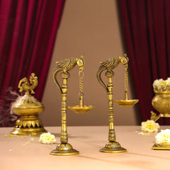 Brass Peacock Hanging Diya/Lamp Pair (7.5 Inch)