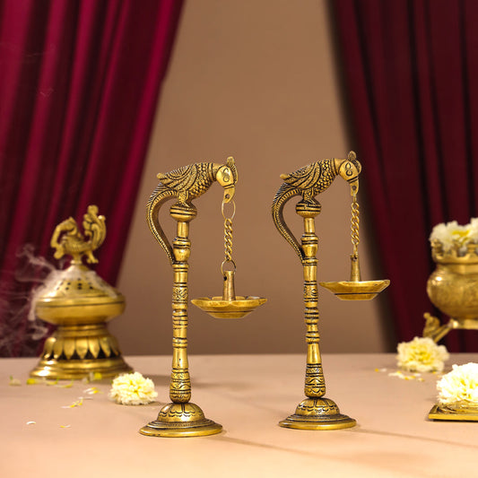 Brass Peacock Hanging Diya/Lamp Pair (7.5 Inch)