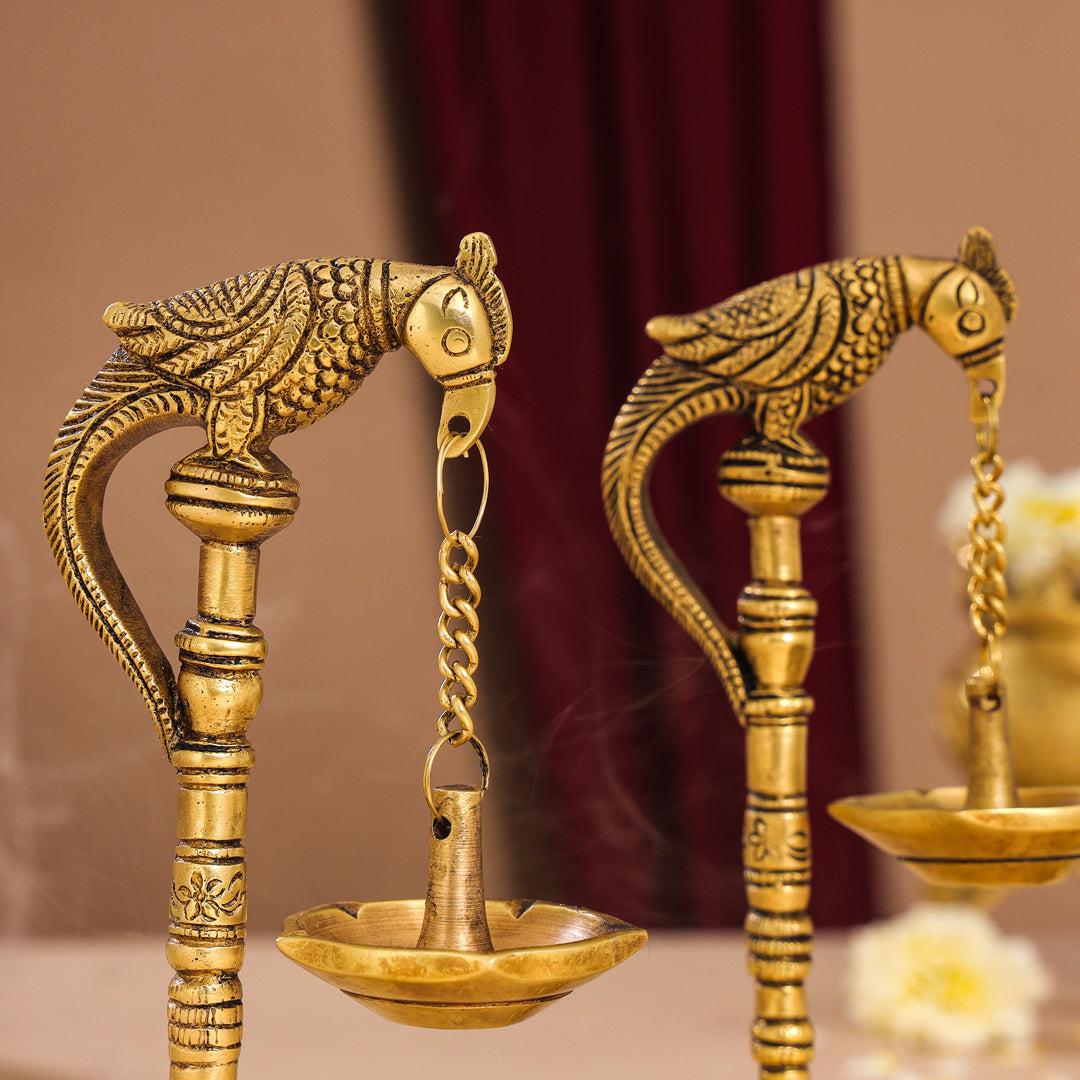 Brass Peacock Hanging Diya/Lamp Pair (7.5 Inch)