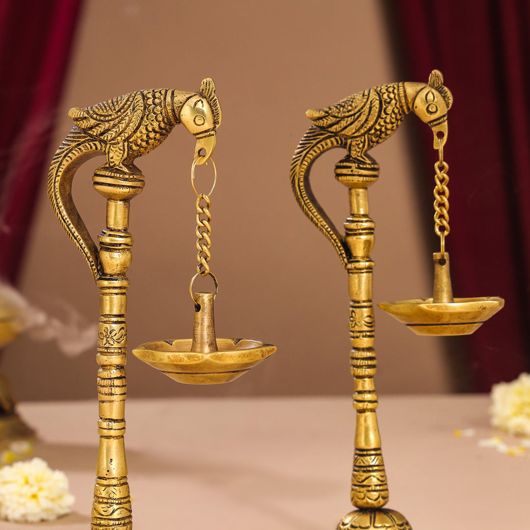 Brass Peacock Hanging Diya/Lamp Pair (7.5 Inch)