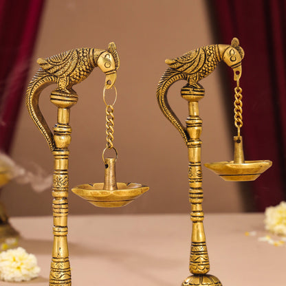 Brass Peacock Hanging Diya/Lamp Pair (7.5 Inch)