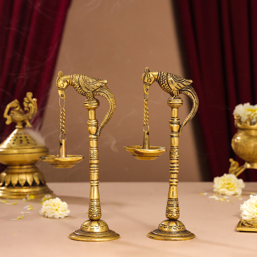 Brass Peacock Hanging Diya/Lamp Pair (7.5 Inch)