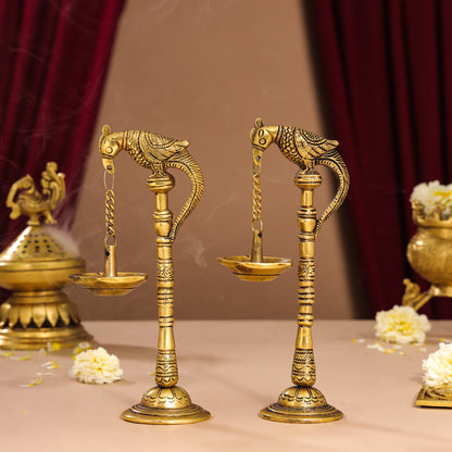 Brass Peacock Hanging Diya/Lamp Pair (7.5 Inch)