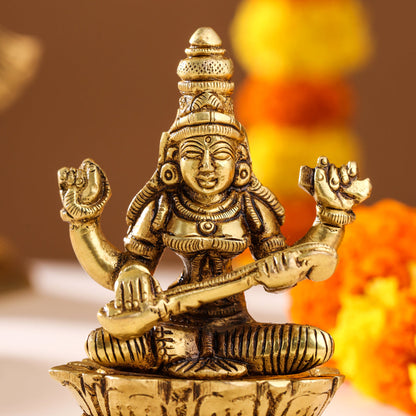 Brass Goddess Saraswati On Lotus (3 Inch)