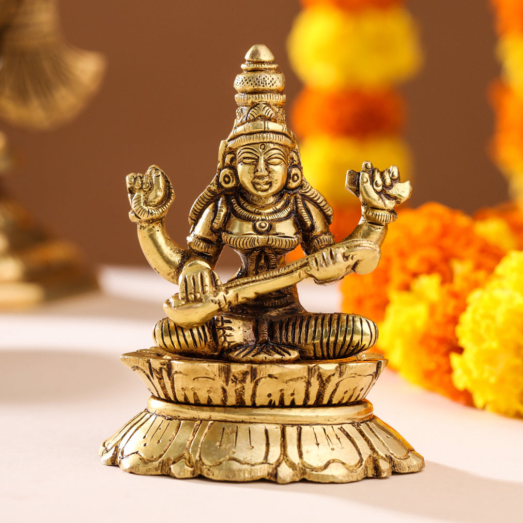 Brass Goddess Saraswati On Lotus (3 Inch)