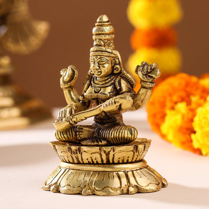Brass Goddess Saraswati On Lotus (3 Inch)