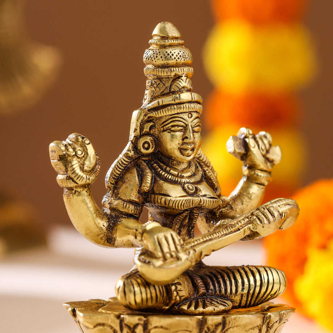 Brass Goddess Saraswati On Lotus (3 Inch)