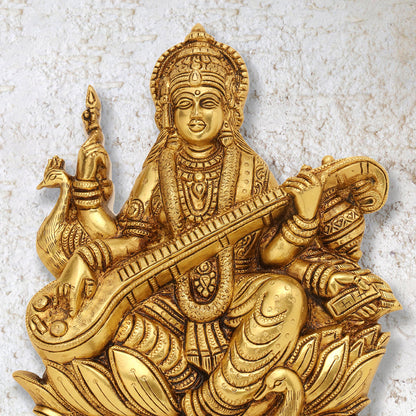 Brass Goddess Saraswati Wall Hanging (11 Inch)