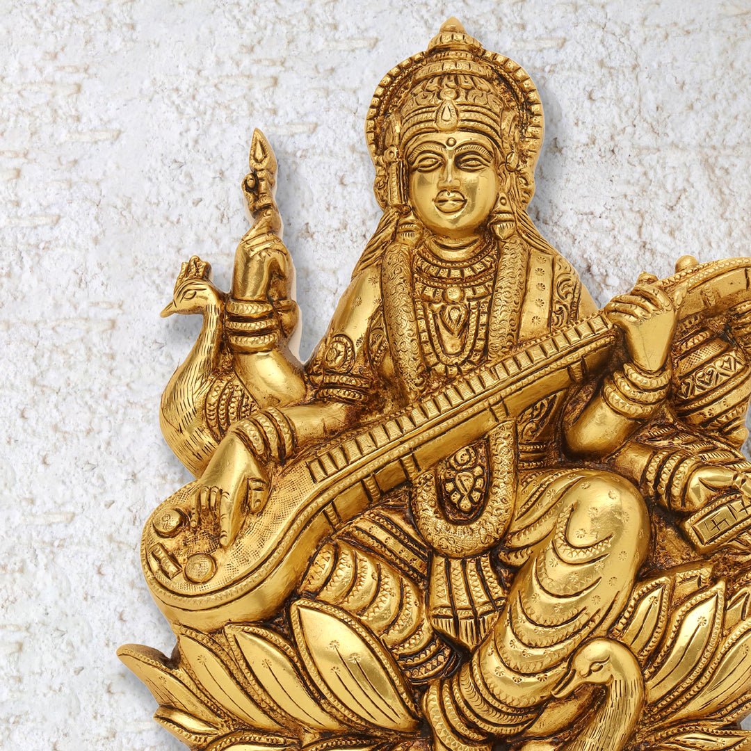 Brass Goddess Saraswati Wall Hanging (11 Inch)