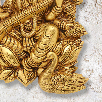 Brass Goddess Saraswati Wall Hanging (11 Inch)