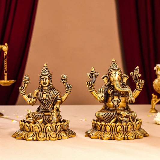 Brass Superfine Lotus Ganesha And Lakshmi Idols (5.8 Inch)