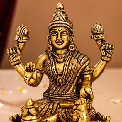 Brass Superfine Lotus Ganesha And Lakshmi Idols (5.8 Inch)