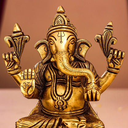 Brass Superfine Lotus Ganesha And Lakshmi Idols (5.8 Inch)