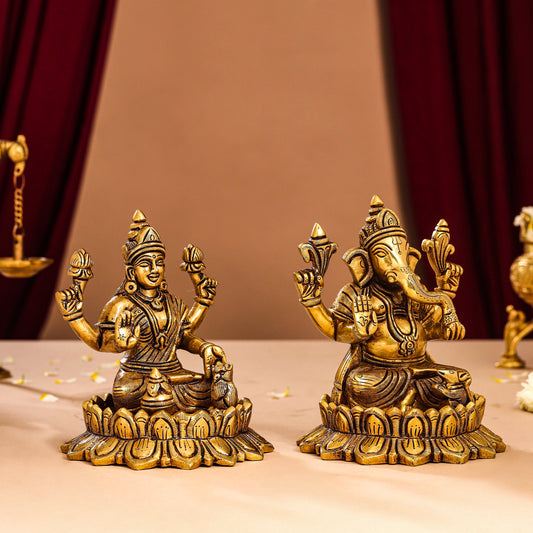 Brass Superfine Lotus Ganesha And Lakshmi Idols (5.8 Inch)
