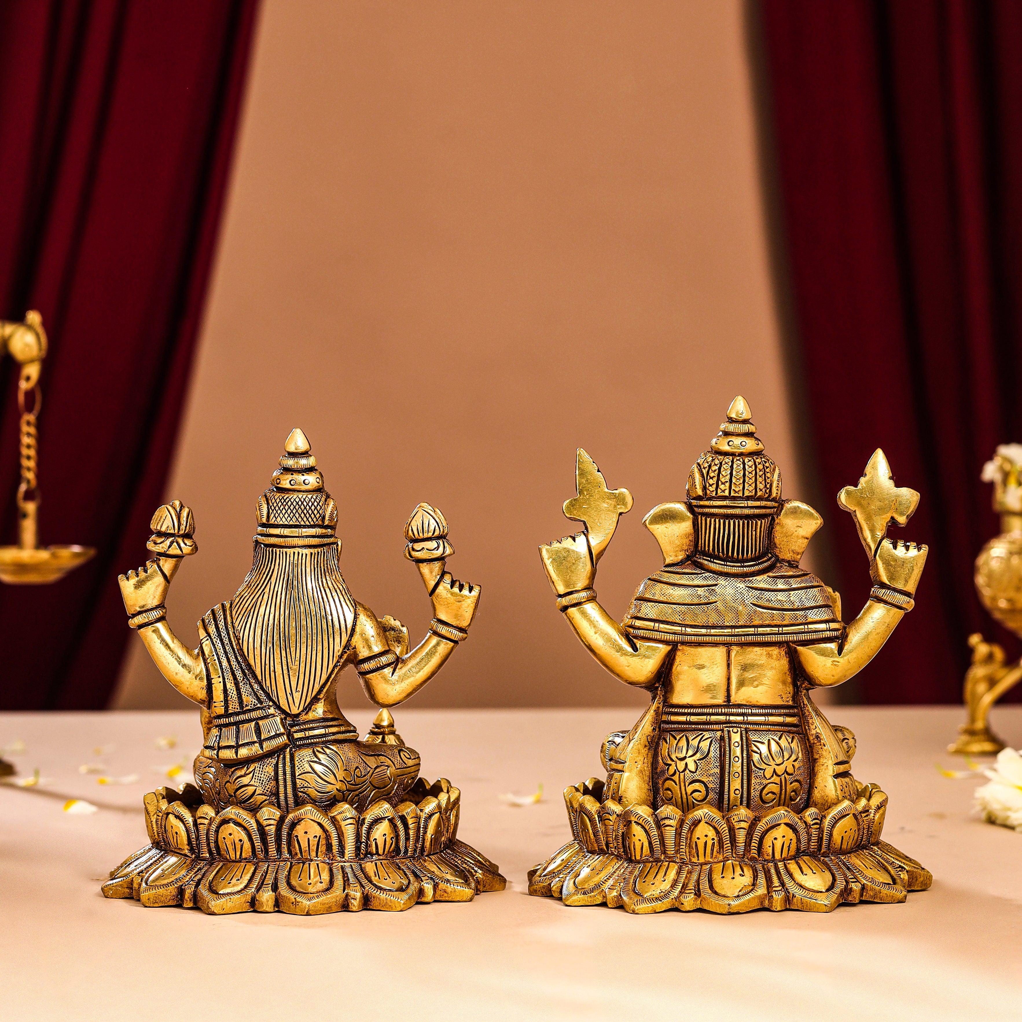 Brass Superfine Lotus Ganesha And Lakshmi Idols (5.8 Inch)