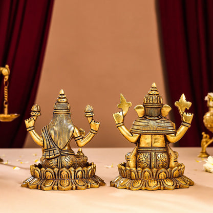 Brass Superfine Lotus Ganesha And Lakshmi Idols (5.8 Inch)