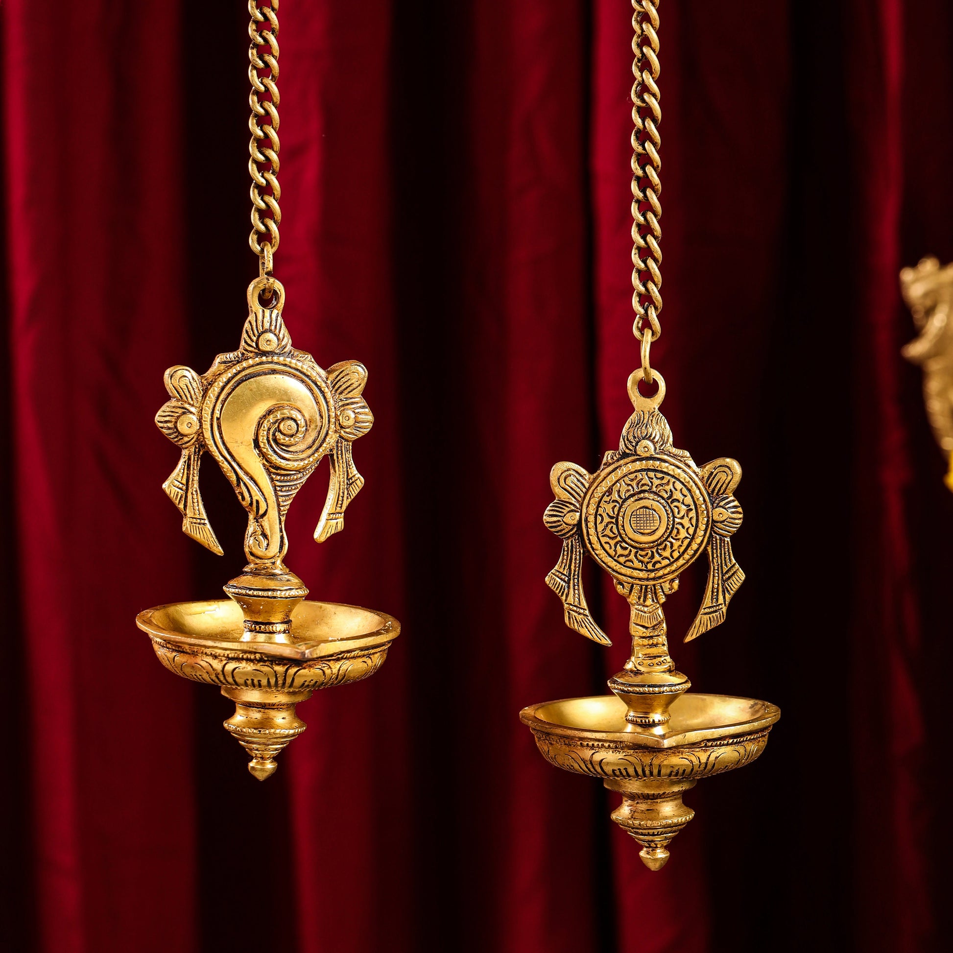 Brass Hanging Shankh And Chakra Diya Set (23 Inch)