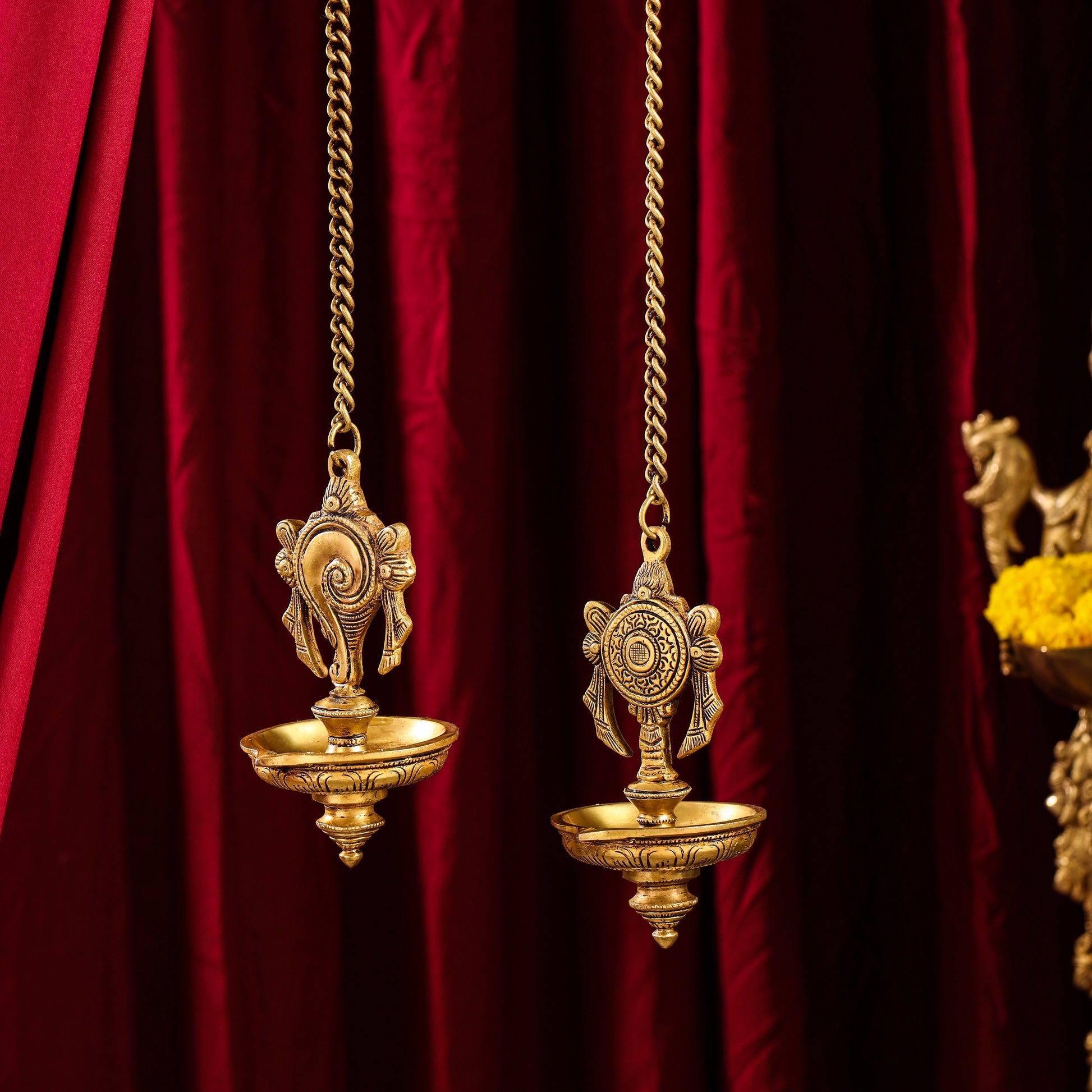 Brass Hanging Shankh And Chakra Diya Set (23 Inch)